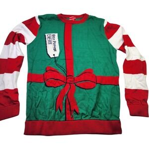 Unbranded Ugly Christmas Sweater Mens Medium Green Red Striped Gift Bow Funny